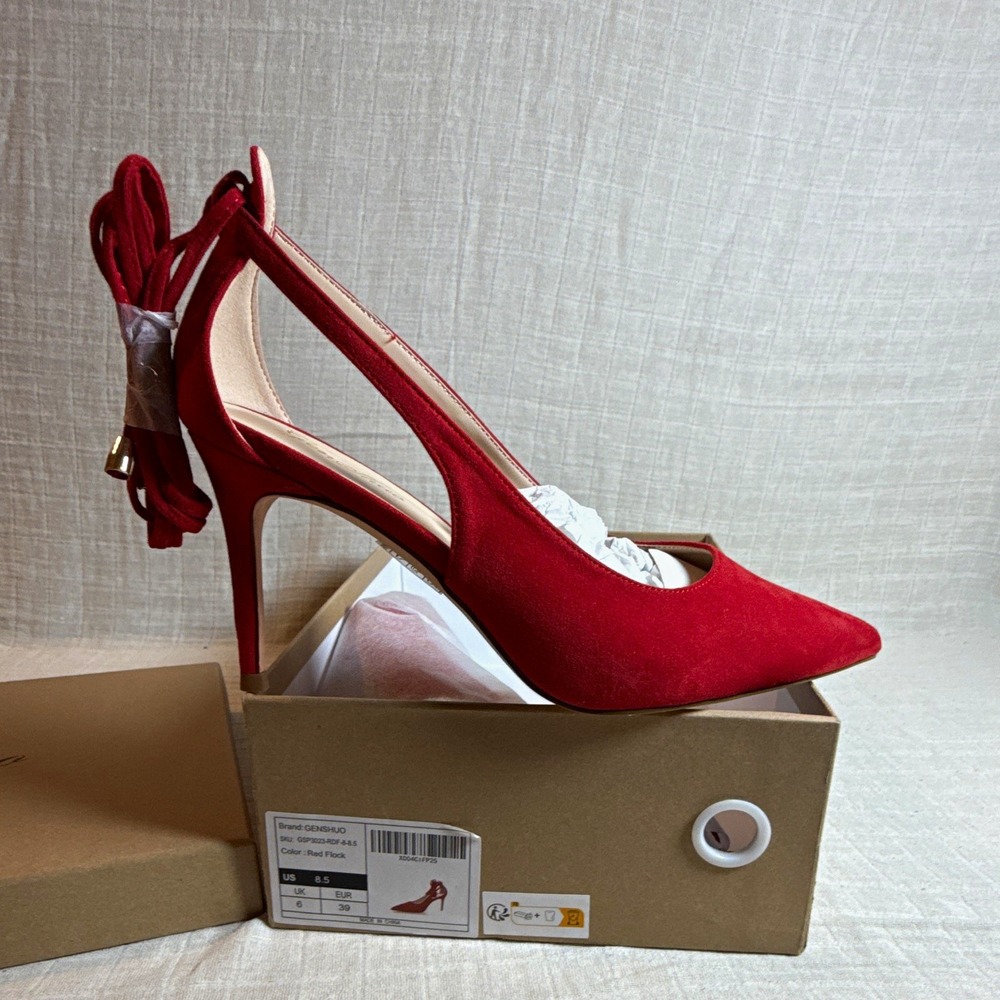 GENSHUO Women's Red Slingback Pointed Toe Stiletto Ankle Tie Sz 8.5 39 6